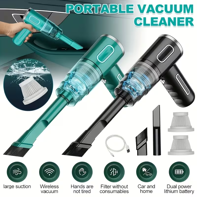 120W Portable Car Vacuum Cleaner – Green and Black variants with attachments