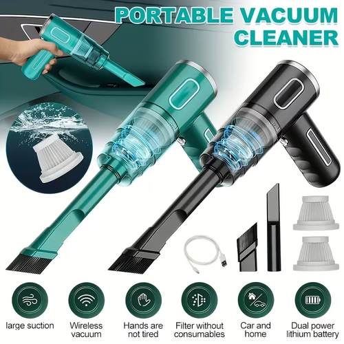 120W Portable Car Vacuum Cleaner – Green and Black variants with attachments