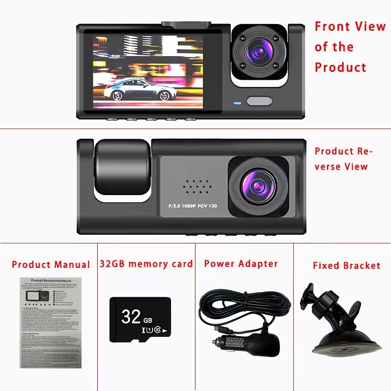 Dashcam package contents including 32GB memory card, power adapter, fixed bracket and manual