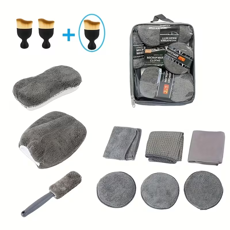 Car cleaning kit components including sponges, cloths, and brushes