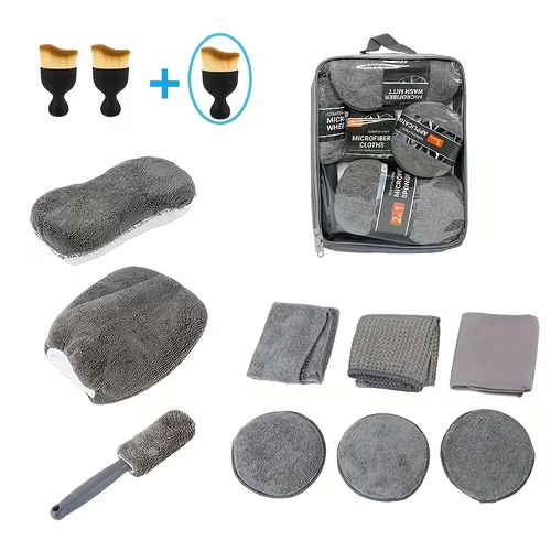 Car cleaning kit components including sponges, cloths, and brushes
