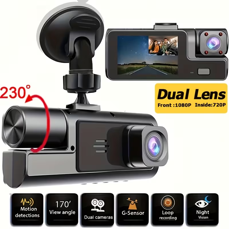 Dash cam with 230° rotatable lens and dual camera setup