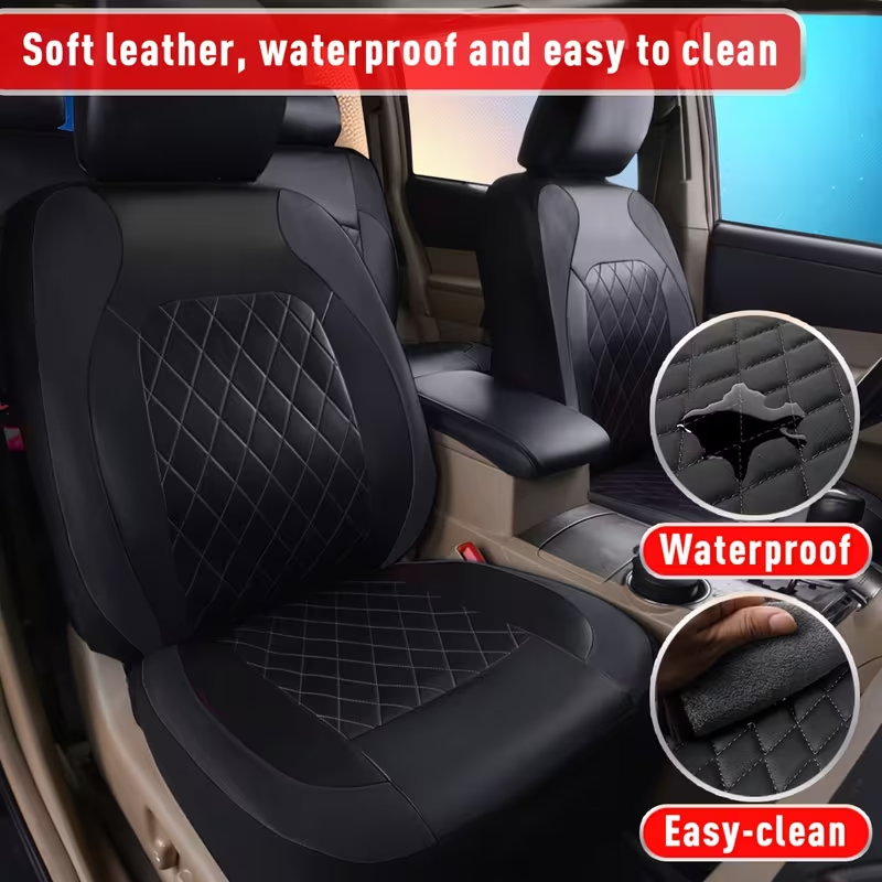 Luxury Quilted PU Leather Car Seat Covers - Black and Beige full set installed