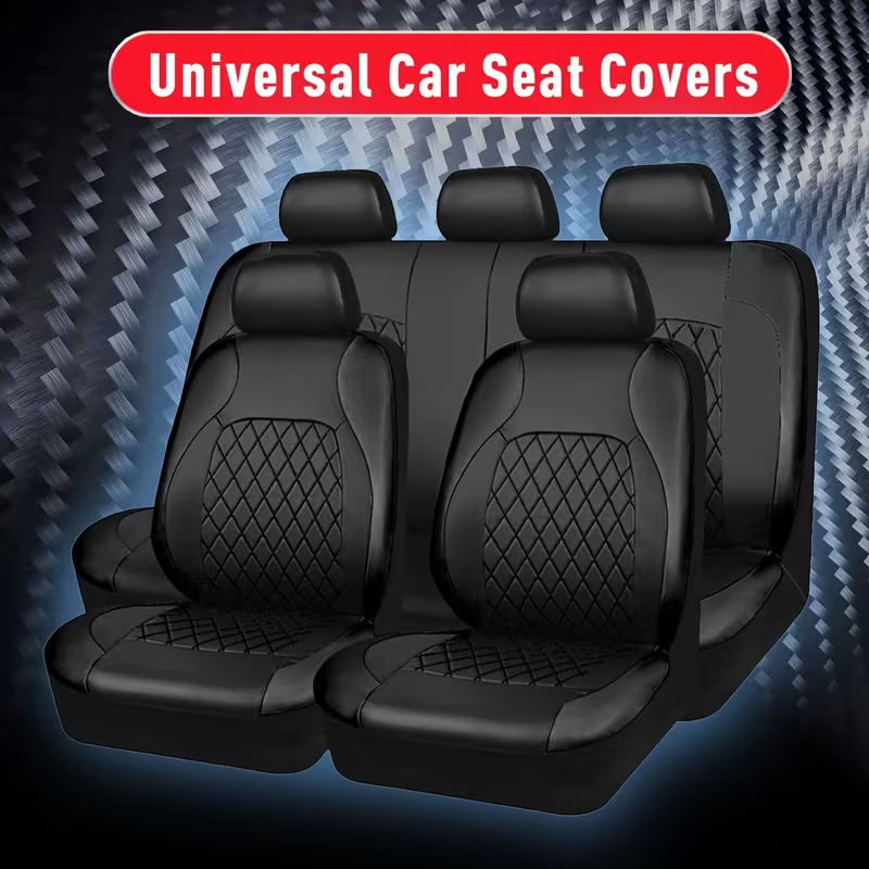 Full set contents - 2 front covers, rear bench cover, 5 headrest covers, hardware and instructions - Black