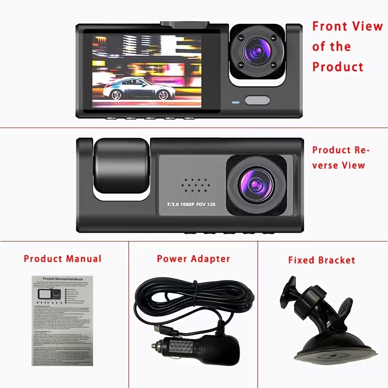 Dashcam front and reverse view with product manual, power adapter and fixed bracket