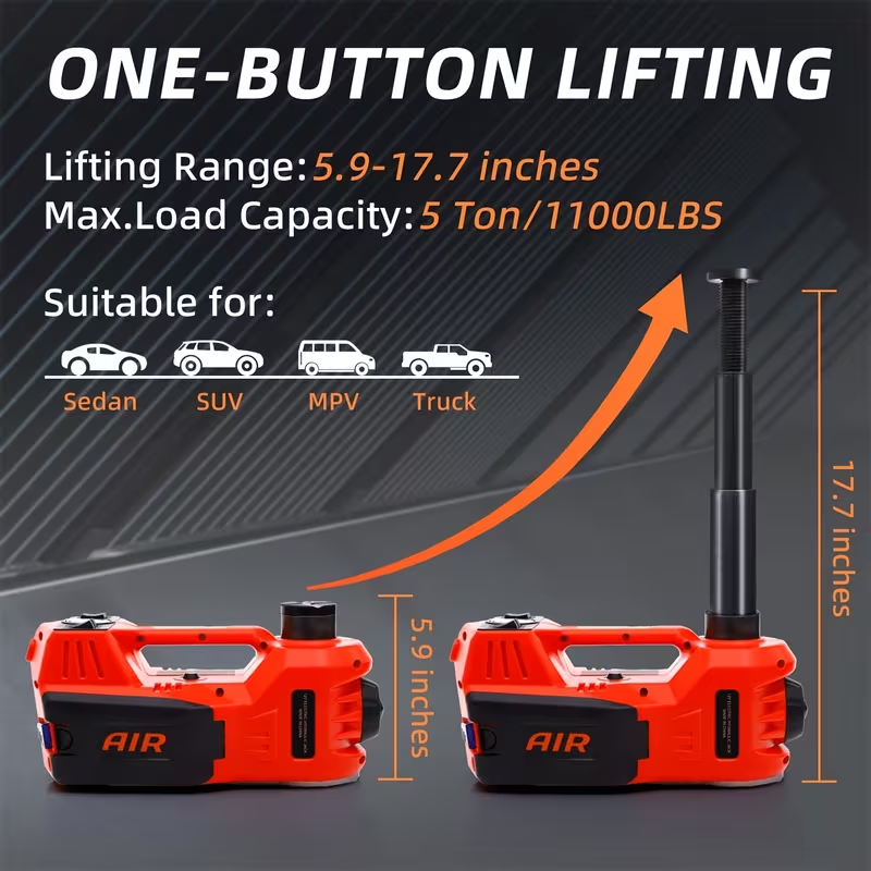 One-button lifting range 5.9 to 17.7 inches, max load 5 ton 11000LBS, suitable for sedan, SUV, MPV and truck