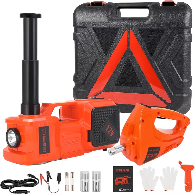5 Ton 12V electric hydraulic car jack kit with impact wrench, tyre inflator, gloves, safety hammer and carry case