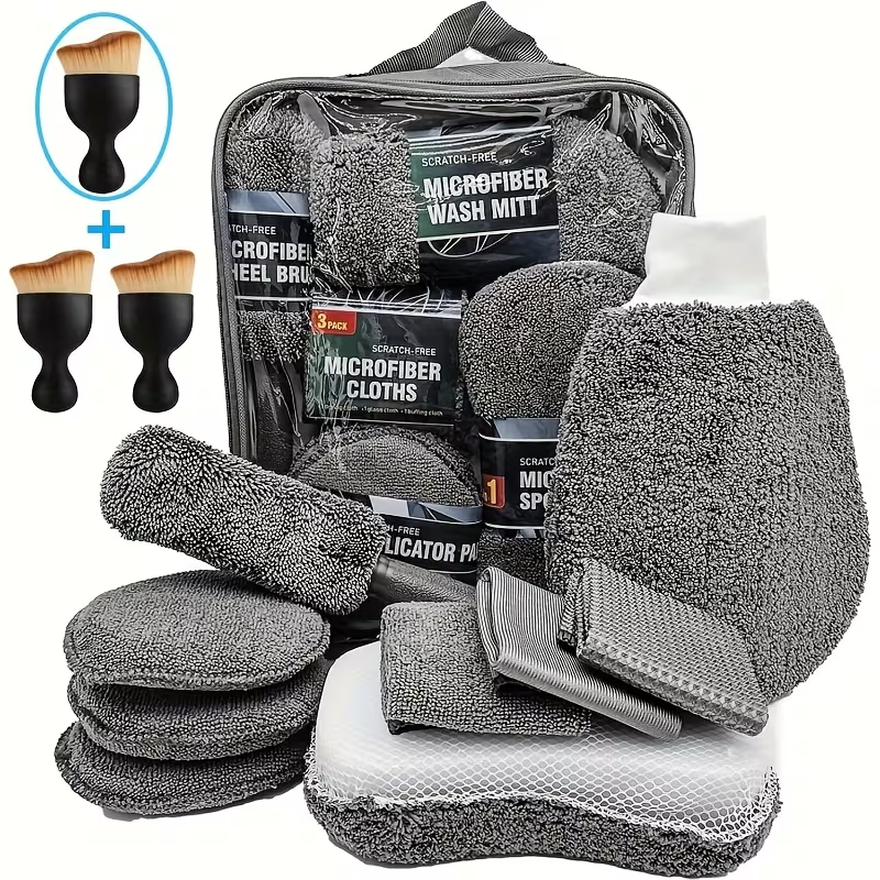 12-piece car cleaning kit contents laid out
