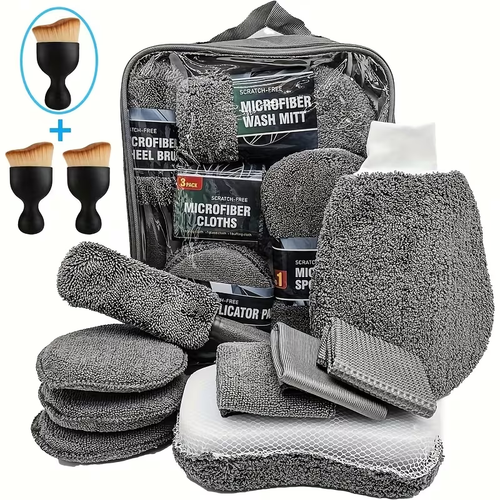 12-piece car cleaning kit contents laid out