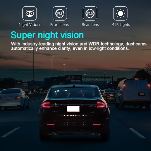 Super night vision with F1.8 front lens, F2.0 rear lens and 4 IR lights and WDR technology