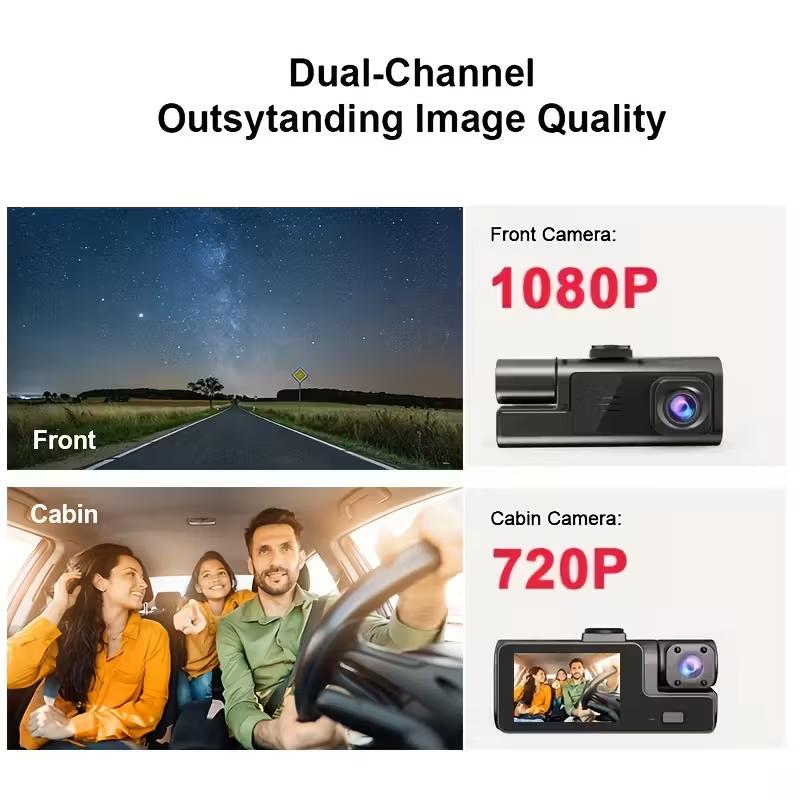 Dual channel dash cam showing front road 1080P and cabin 720P split screen recording