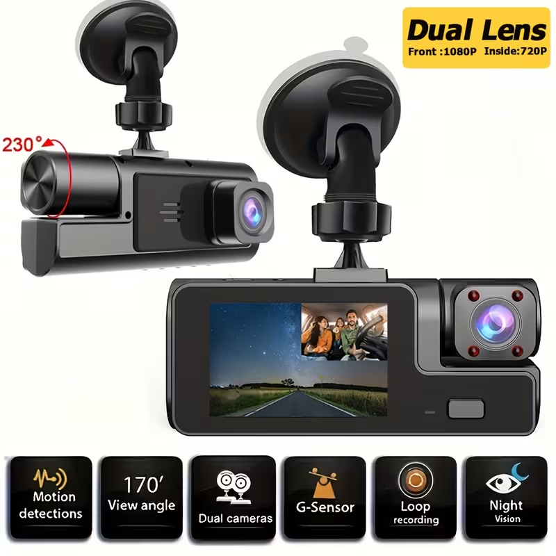 Dual lens dash cam showing front 1080P and inside 720P cameras with 170° wide angle