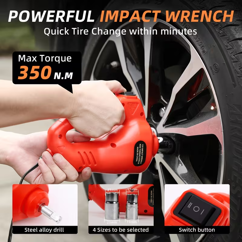 Powerful electric impact wrench with 350 N.M max torque and 4 socket sizes for quick tyre changes