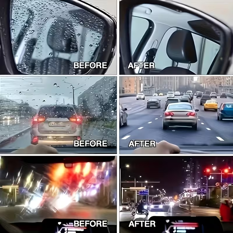 Before and after comparison - rain on car windows and windshield