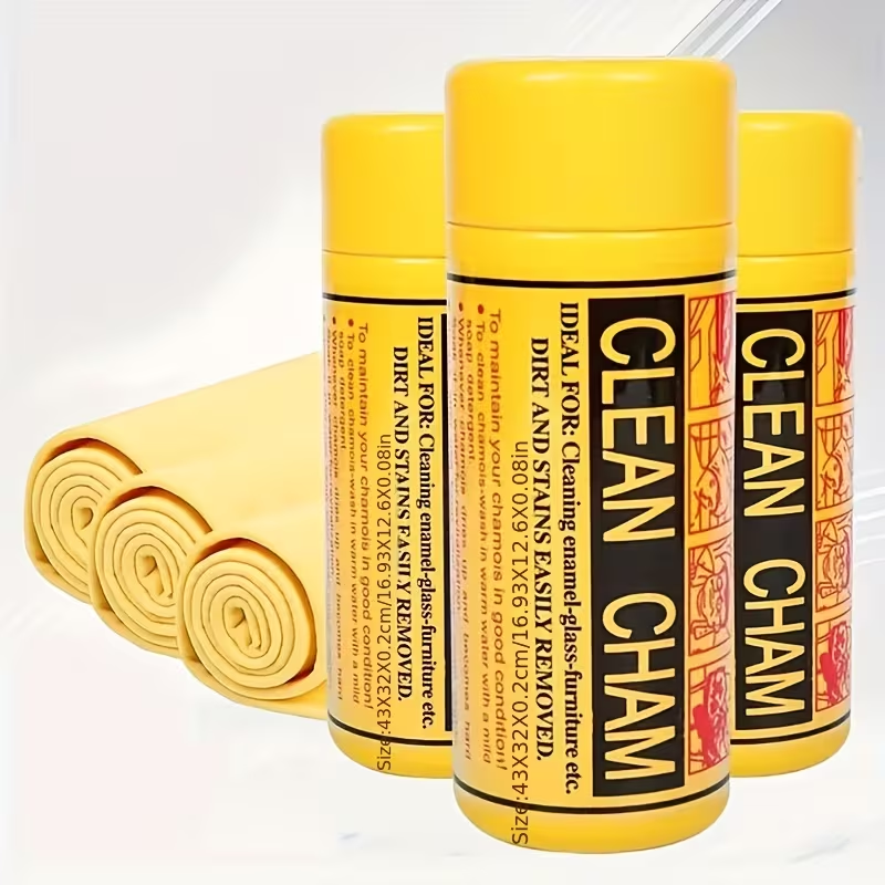 Clean Cham super absorbent chamois car drying towel in yellow canister